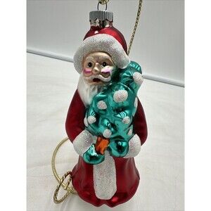 VTG Shiny Brite Mercury Glass Santa Holding A Tree Christmas Ornament USA 6.5”